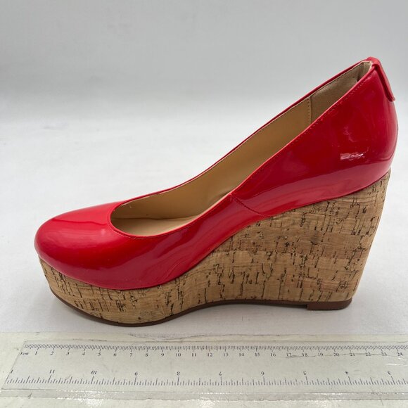 XYD Red Round Toe Wood Platform Pumps Slip On Patent Wedge Cork High Heel Shoes - Picture 2 of 8